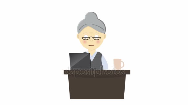 Animation Granny Old Lady Working Her Laptop Animated Cartoon Character — Stock Video