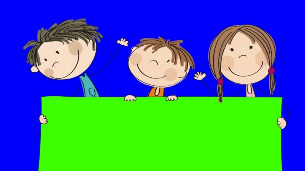Animace ze tří šťastné malé děti stojící za prázdné banner / board, kterou mají v držení, animovaný ručně kreslenými postavičkami, kličková diuretika, schopen, na pozadí klíčových fabion chroma.