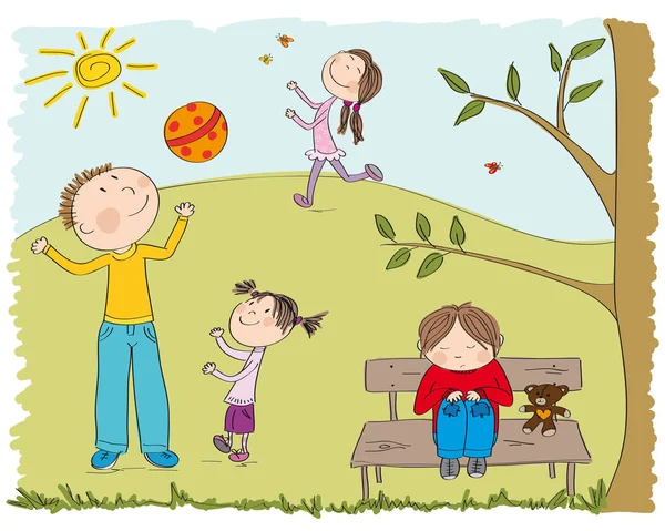 Enfants heureux jouant dehors dans le parc, un bo est triste — Image vectorielle