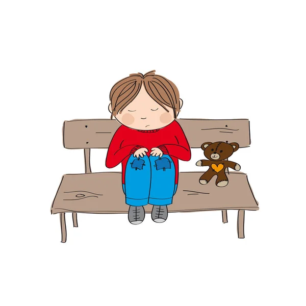 Ledsen och ensam liten pojke sitter på bänken — Stock vektor