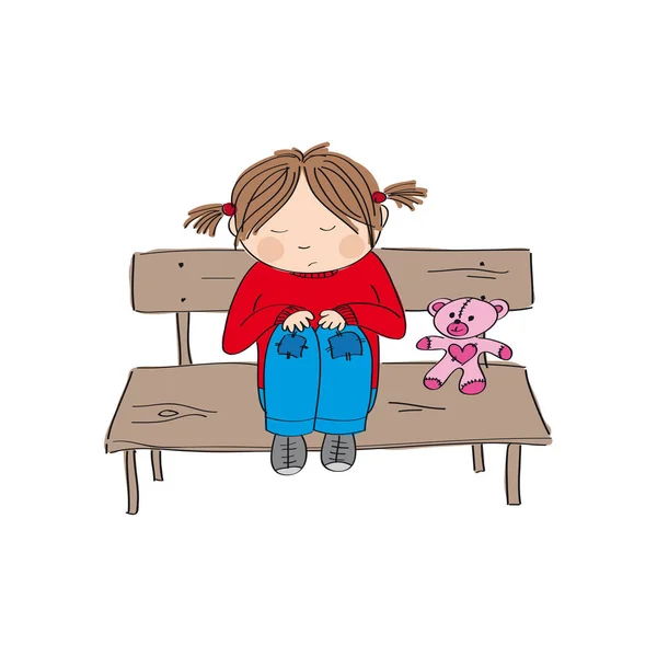 Ledsen och ensam liten flicka sitter på bänken — Stock vektor