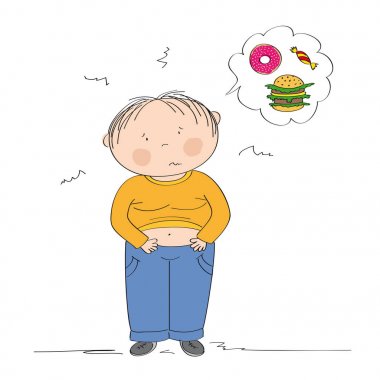Fat boy suffering from stomach ache after he has eaten too much. clipart