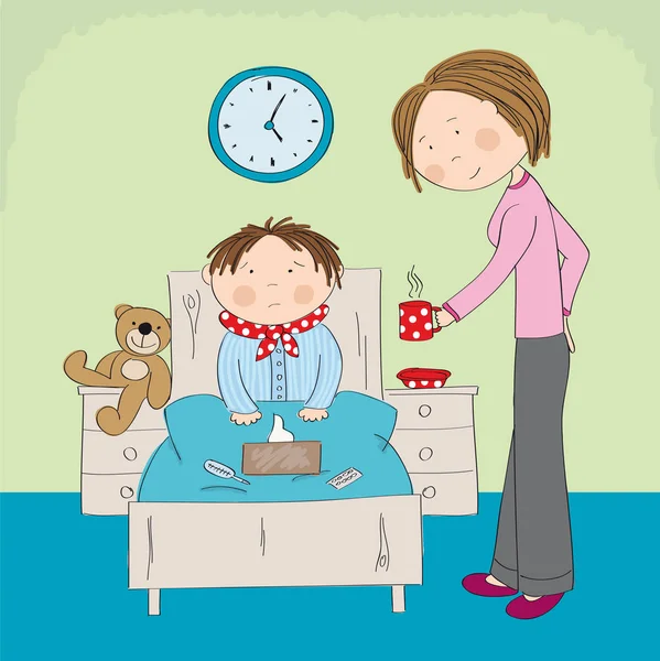Niño enfermo con gripe sentado en la cama, mamá trayendo té caliente — Vector de stock