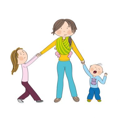 Naughty kids (siblings) fighting mother's attention. clipart