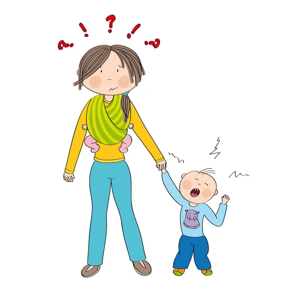 Vilain petit garçon jaloux pleurant, combattant l'attention de la mère . — Image vectorielle