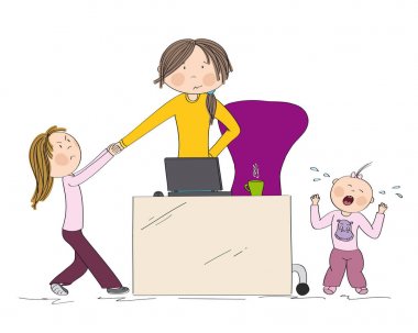 Naughty kids (sibling) fighting mother's attention. clipart