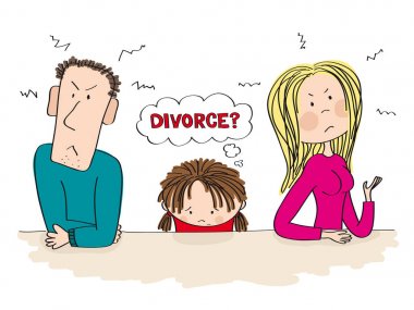 Quarreling parents. Their child is sitting between, thinking about divorce. clipart