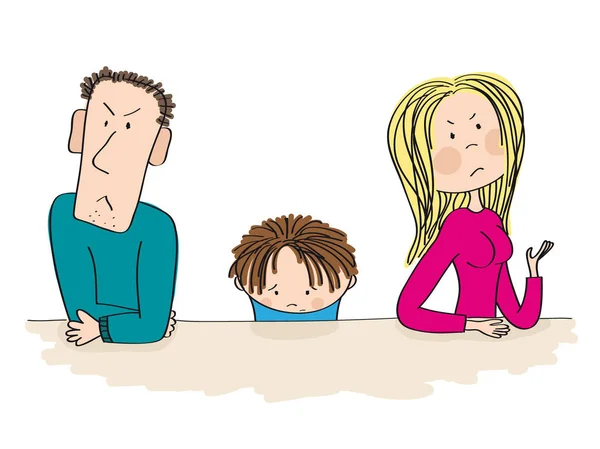 Quarreling parents. Their child is sitting between, thinking about divorce. — Stock Vector