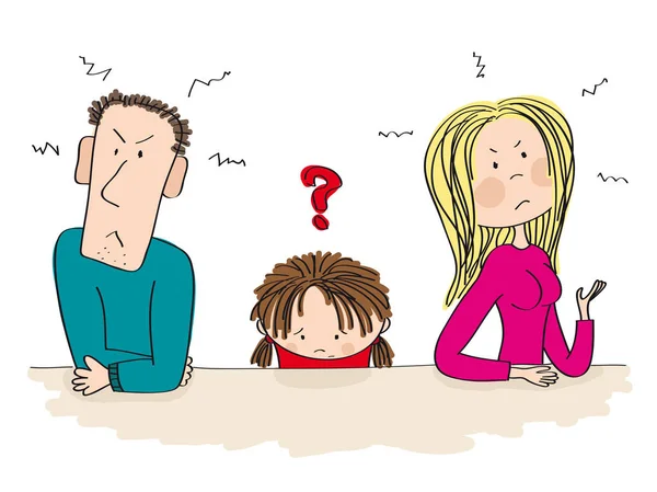 Ссорившиеся родители. Их ребенок сидит между ними и думает о разводе. . — стоковый вектор
