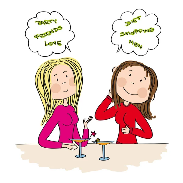 Deux jeunes femmes assises au bar, buvant un cocktail et bavardant — Image vectorielle