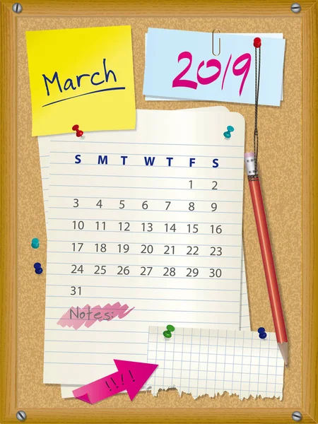 2019日历月 3月-软木板以笔记 — 图库矢量图片