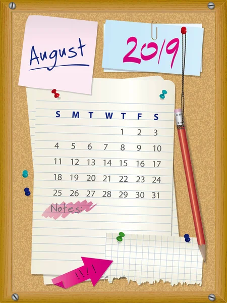 2019 कैलेंडर - महीने अगस्त नोट्स के साथ कॉर्क बोर्ड — स्टॉक वेक्टर