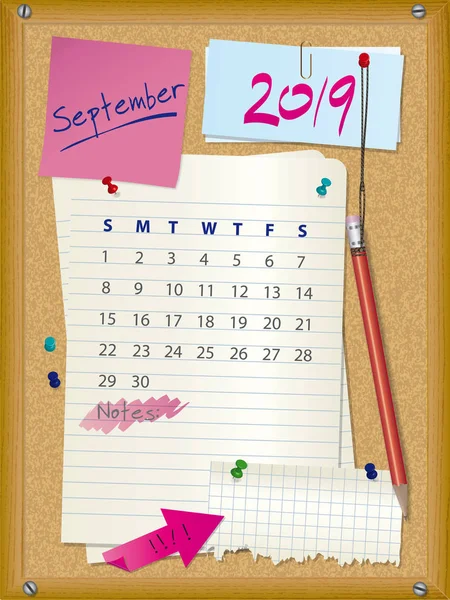 Calendario 2019 - mese di settembre - tavola di sughero con note — Vettoriale Stock
