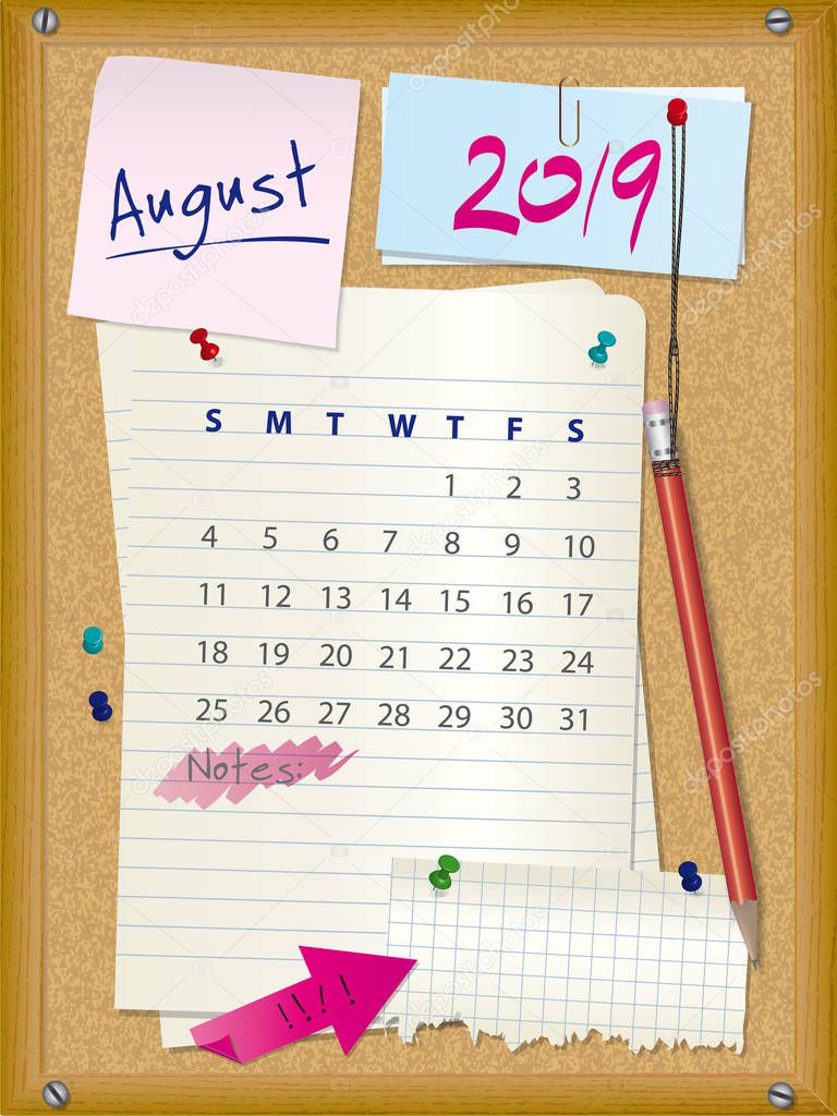 2019 calendar - month August - cork board with notes
