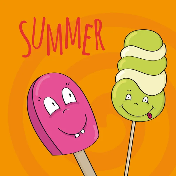 Летняя карта. Вкусное улыбающееся счастливое мороженое . — стоковый вектор