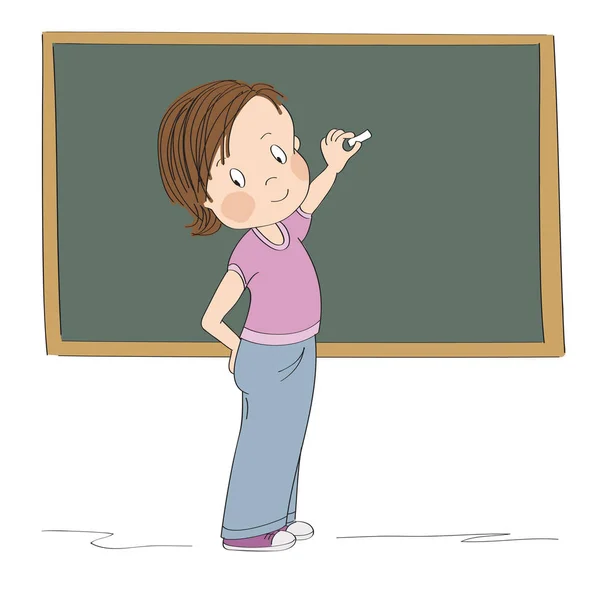 Cute little girl standing in front of the blackboard, showing something with chalk — 스톡 벡터