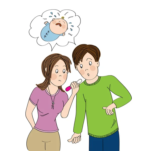 Zavart, meglepett és boldogtalan fiatal pár nézi a pozitív terhességi tesztet — Stock Vector