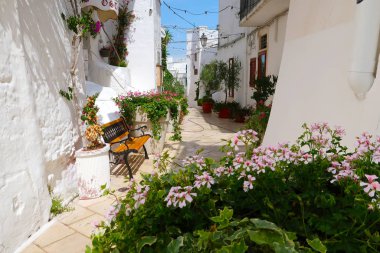 Scenic sight of the Ostuni town sunny street with bench and flowers