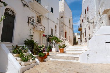 Scenic sight of the Ostuni town sunny street with blooming flowers