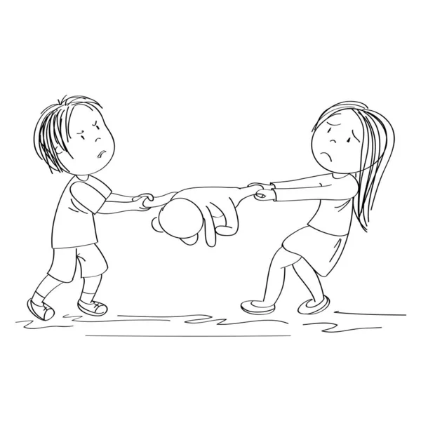 两个兄弟姐妹 或朋友打架 拉着玩具熊玩具 男孩生气了 女孩泪流满面 原来是手绘插图 — 图库矢量图片