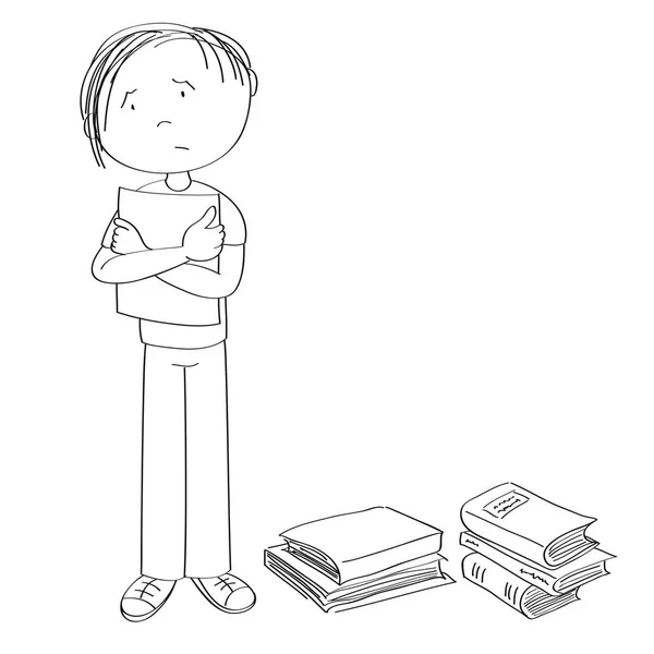Triste Stressé Adolescent Debout Tenant Une Liste Papier Pile Livres — Image vectorielle