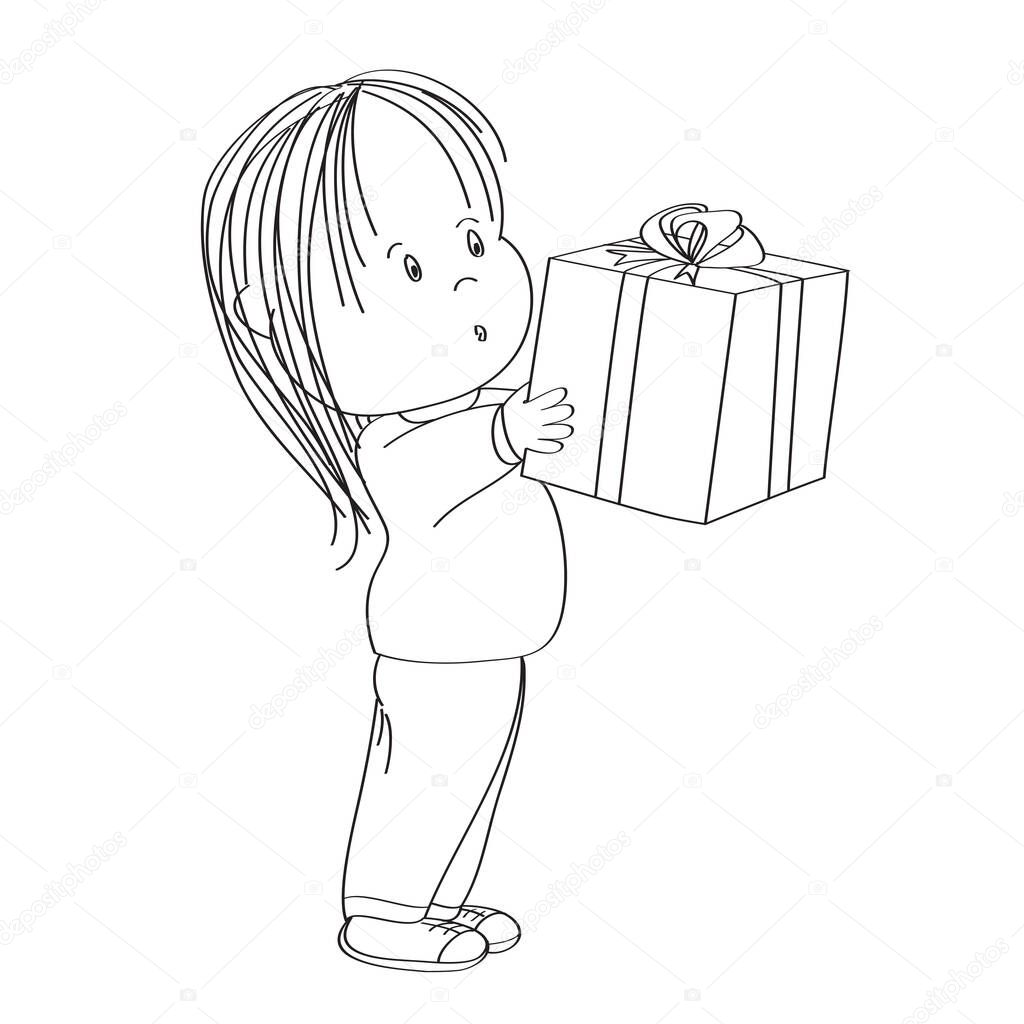 Cute little girl standing and holding big wrapped gift box decorated with red ribbon bow, looking surprised and excited, looking forward to open the present - original hand drawn illustration.