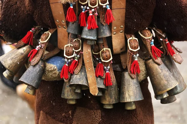 Traditional Kukeri costume bells on a traditional Bulgarian Kuke — Stock Photo, Image