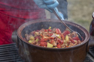 Preparing delicious meat meal with vegetables in a clay pot