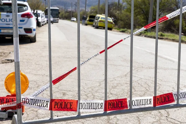 Cinta Policial Roja Blanca Con Texto Línea Policial Cruza Una —  Fotos de Stock