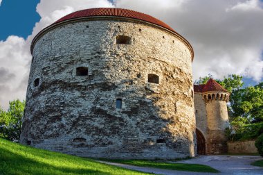 Saat Kulesi Tallinn'ın eski şehir içinde yağ Margaret. Denizcilik Müzesi. Boş sokak. Estonya. Yaz.