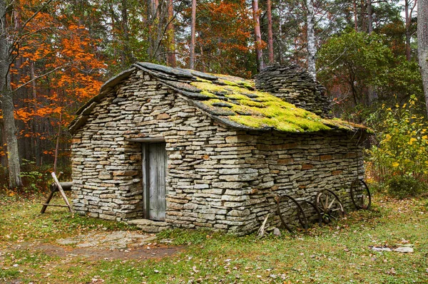 Pedra pequena velha e uma forja na floresta de outono. O Museu sob o céu aberto na cidade de Tallinn. Marco histórico e arquitetônico da Estônia . Imagens De Bancos De Imagens Sem Royalties