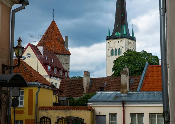 Visa av kyrkan av St Oleviste från innergården i gamla Tallinn. Utsikt över en mängd historiska byggnader i gamla stan. Attraktion i Estland. Sommar. — Stockfoto