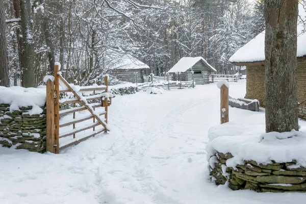 Vista de uma fazenda antiga na temporada de inverno. A arquitetura medieval da Estônia, que está no Museu sob o céu aberto em Tallinn. Atração turística histórica na Estônia . Fotos De Bancos De Imagens Sem Royalties