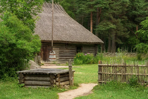 Uteplats den historiska byn hem. Det öppna luften museet i Tallinn. Attraktioner och Estlands historia. Landsbygdens landskap. Sommarsäsongen. Royaltyfria Stockfoton