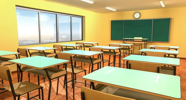 Klassrummet med svarta tavlan, stolar och skolbänk. — Stockfoto