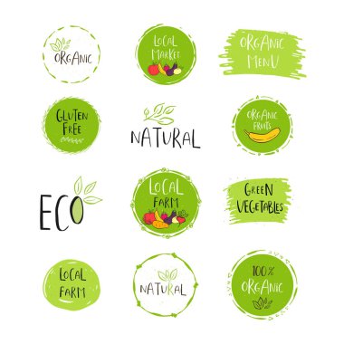 Vektör Eko, bio yeşil Logotype veya işaretler topluluğu. Vegan, ham, sağlıklı gıda rozetleri, kafeterya, restoranlar, ambalaj ürünleri için Etiketler. Elle çizilmiş yaprakları, dalları yazı ile. Organik tasarım.