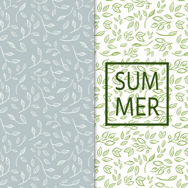 Dalları, yaprakları organik etiketleri, sağlıklı gıda ambalaj, doğal kozmetik, Dükkanı, kumaş, vegan ürünler için iki taze desenle. Yeşil vektör arka plan.