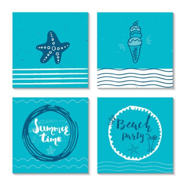4 güzel yaz posterler elle çizilmiş yazı ile kümesi. Yelken, tropikal tatil, afiş, davetiye, zarf, arka plan, günlük kartlar için şablonlar topluluğu. 
