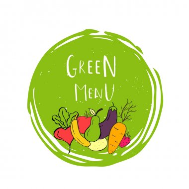 Vektör yuvarlak Eko, bio yeşil logo veya işareti. Vegan, ham, sağlıklı gıda rozet, kafeterya, restoranlar, ambalaj için etiket. Çizilmiş daire, yaprakları, yazı öğelerle bitki türden. Organik tasarım şablonu.