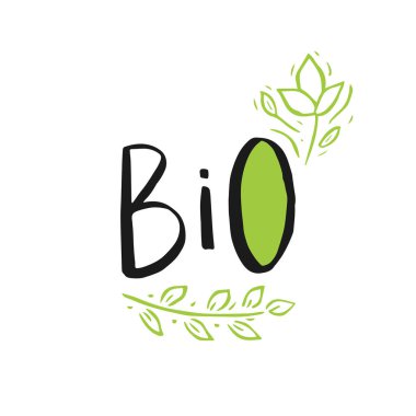 Vektör Eko, bio yeşil logo veya işareti. Vegan, ham, sağlıklı gıda rozet, kafeterya, restoranlar, ambalaj ürünleri için etiket. Elle çizilmiş yapraklar, dallar, yazı ile bitki elemanları. Organik tasarım şablonu.