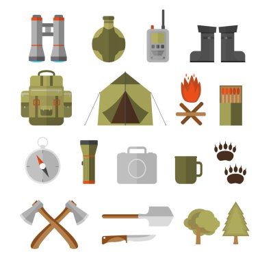 Dağ kamp öğeleri. Hiking, cihazları ve dişli orman kampı için küme. Vektör Icon collection: dürbün, fener, fener, bıçak, Pusula, sırt çantası ve çizgi film karakteri.