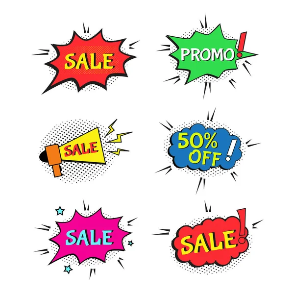 Conjunto Discurso Texto Cómico Venta Promo Burbujas Frases Plantillas Oferta — Vector de stock