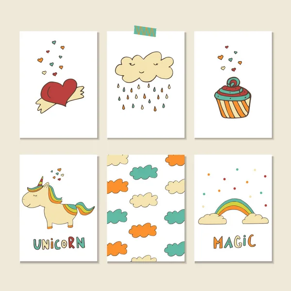 Insignias Parche Unicornio Con Corazón Pastel Nube Castillo Arco Iris — Vector de stock