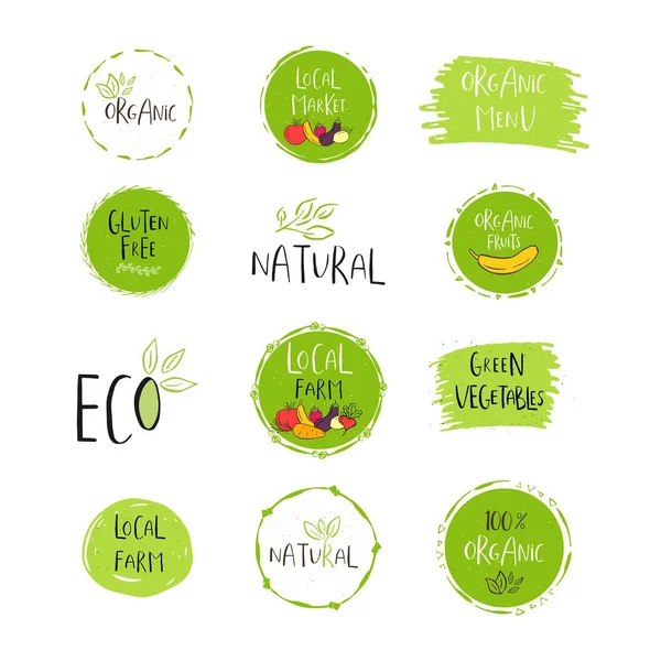 Коллекция Векторных Эко Биозеленых Логотипов Знаков Веганские Сырые Значки Здоровой — стоковый вектор