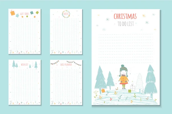 Christmas holiday to do lists, cute notes with winter vector illustration. Template for party organization, greeting and journaling cards, invitations, gifts decoration, stationery.