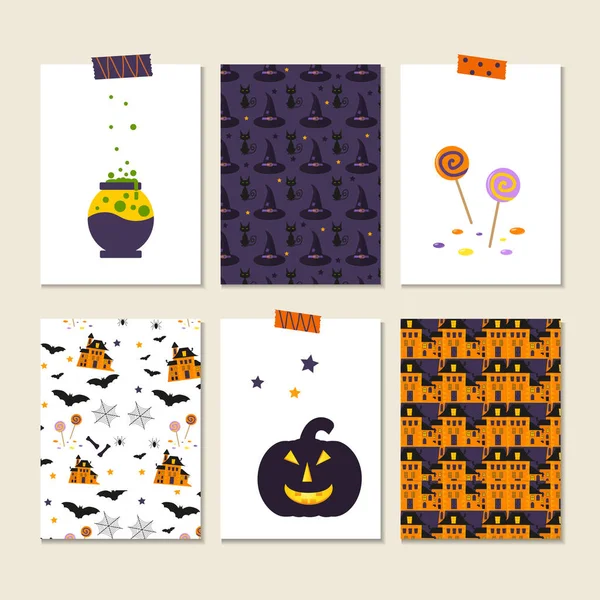 Set mit 6 niedlichen Halloween-Karten — Stockvektor