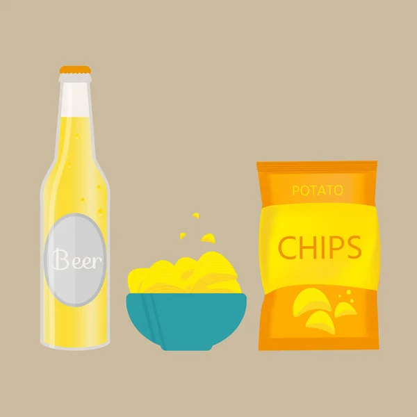 Set de botella de cerveza, taza y snack — Vector de stock