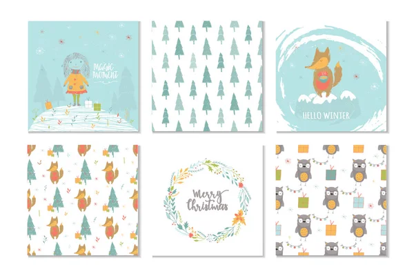 Set Von Niedlichen Weihnachtsgeschenkkarten Mit Schriftzug Frohe Weihnachten Und Muster — Stockvektor