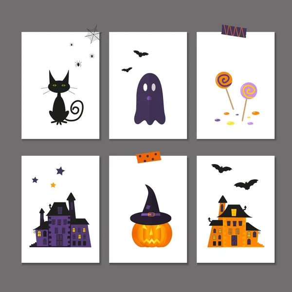 Conjunto de 6 cartões de Halloween bonitos —  Vetores de Stock