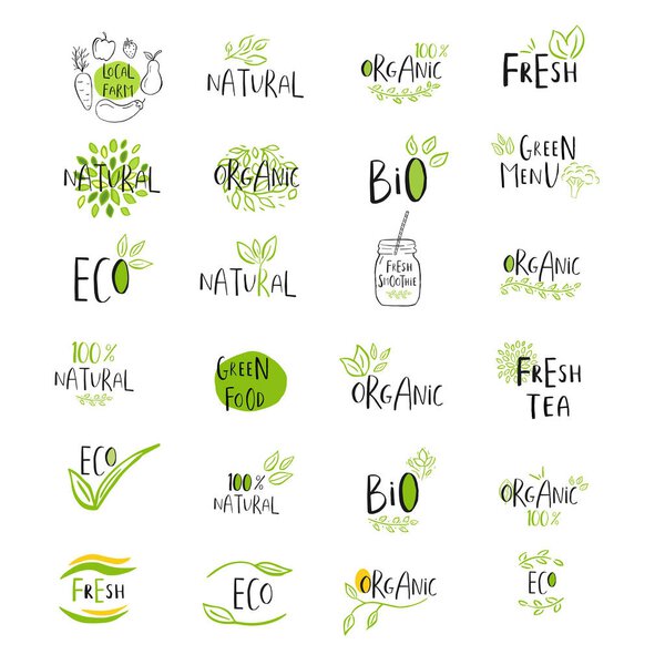 Set of Vector eco, bio green logo or signs. Vegan, raw, healthy food badge, tag for cafe, restaurants, products packaging. Leaves, branches, plant elements with lettering. Organic design template.